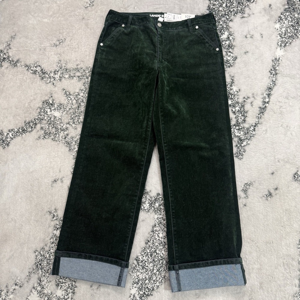 Lands End Womens Size 10p Flocked Jeans Balsam Green Straight Leg Cuffed NWT